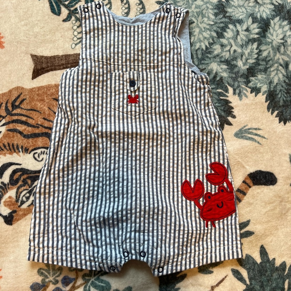 Little Me Dusty Navy and Red Jumpsuit with Crab Appliqué and Hat